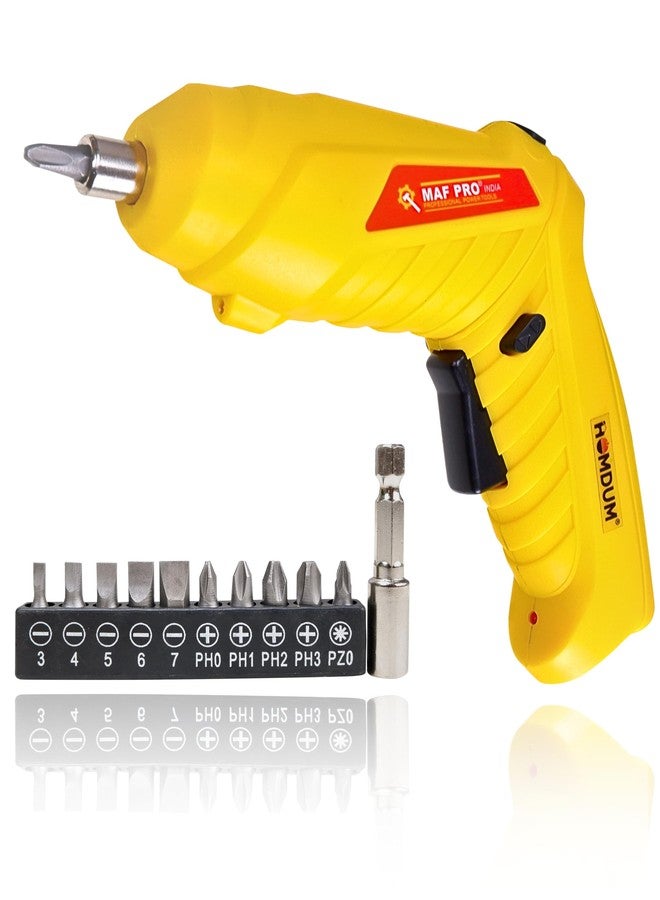 Homdum MAF Rechargeable and 90° Rotatable Cordless Drill Screwdriver Kit with Onboard LED Light and 11 Pieces Accessories 4V 6.35mm (Yellow) - Image 1